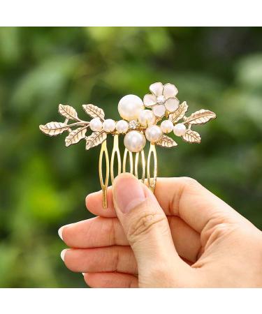 Yokawe Bridal Wedding Hair Comb Gold Pearl Flower Hair Clip Vintage leaf Rhinestone Bride Hair Accessories for Women and Girls (Gold)