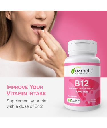 EZ Melts Dissolvable Vitamin B12 Supplements - Bioactive Cherry Flavor Vegan Tablets - 90 Ct - Buy Online on GoSupps.com