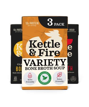 Kettle and Fire Mushroom Chicken, Beef, and Chicken Bone Broth Collagen Variety Pack, Keto, Paleo, and Whole 30 Approved, Gluten Free, High in Protein and Collagen, 3 Pack 1.05 Pound (Pack of 3)
