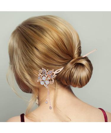 Chinese Hair Pin Shiny Tassel Rhinestone Chinese Hair Stick Flower Hair Clips Fashion Hair Stick Hair Accessories Chinese Style Hair Sticks for Decorative Hair Solid Hairstyle for Women Girls - Buy Online on GoSupps.com