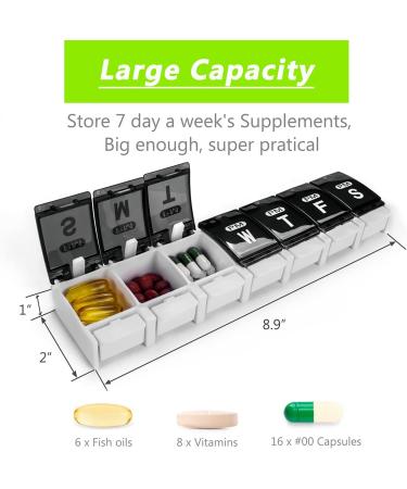 Weekly Pill Organizer - Remtise Am/Pm Daily Case for Vitamins & Supplements | 7-Day Push Button Medicine Box (Black & White - Buy Online on GoSupps.com