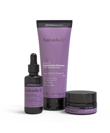 DERMAdoctor 20% Vitamin C Face Serum 0.5 fl oz Cleanser 2.37 fl oz with Caffeine Eye Cream Vitamin E & Ferulic Acid | Kakadu C Anti Aging, Hydrating & Discoloration Correcting Serum Kakadu C Bubdle Pack