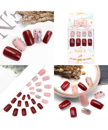 Sethexy Medium Glossy Red Sparkle False Fingernails with Glue | 24pc Acrylic Press-On Nails with Rhinestones for Women & Girls - Buy Online on GoSupps.com
