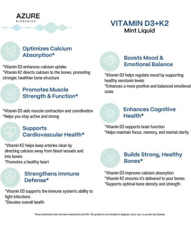 D3+K2 Liquid Mint Drops-High Potency D3 2500 IU K2 (MK7) 250 mcg- Bioavailable Fast Absorption- Supports Bone Immune Muscle Function Cognition Heart & Mood* - Pure Clean Ingredients - Buy Online on GoSupps.com