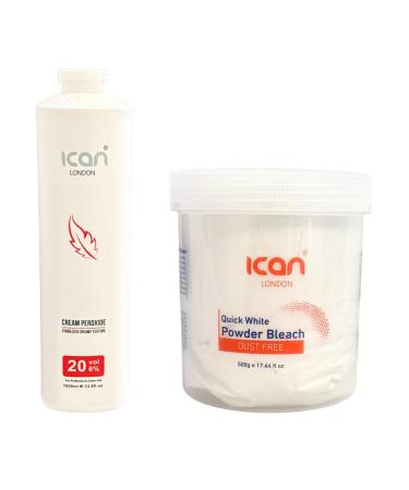 ICAN LONDON PROFESSIONAL CREAM PEROXIDE 20 VOL 6% 1000 ML + WHITE POWDER BLEACH (JAR)500 G SET