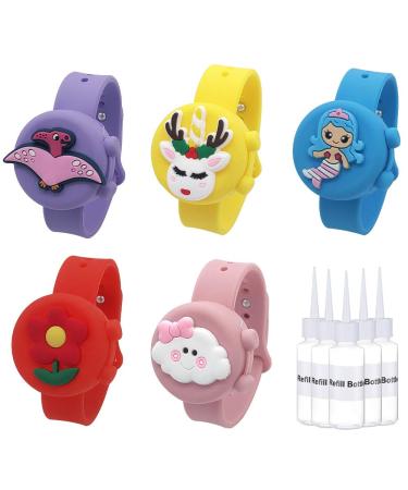 5 Pack Hand Sanitizer Watch for Kids(0.5 oz) Cartoon Wearable Hand Sanitizer Bracelet Leakproof Refillable Reusable Clip on Hand Sanitizer Wristband with Squeeze Bottle