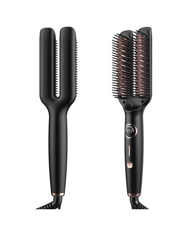 2 in 1 Hair Straightener Brush & Curler with Ceramic Coating - PTC 20s Fast Heating Hair Straightener Comb 5 Temps Settings up to 210-410F Dual Voltage 110-240V Travel Hair Straightener