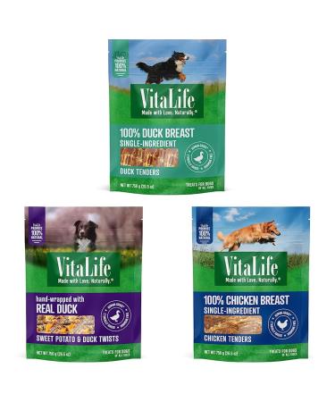 VitaLife 750 g Duck Tenders All Natural Dog Treats & VitaLife 750 g Sweet Potato & Duck Twists All Natural Dog Treats & VitaLife All Natural Dog Treats - Chicken Tenders 750g Dark Green