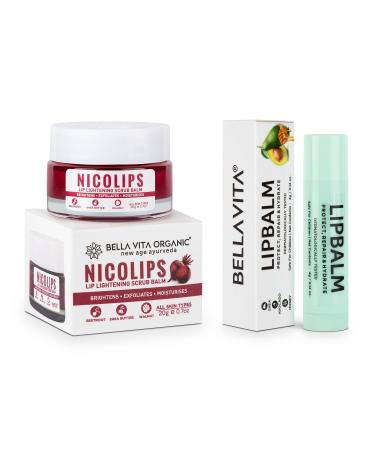 Bella Vita Organic NicoLips Lip Scrub & NicoBalm Lip Balm Combo for Dry Chapped & Dark Lips Remover Treatment 20g 5g