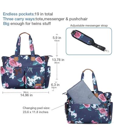 Lekebaby Large Baby Changing Bag with Stylish Rose & Flower Pattern | Nappy Bag for Mom & Dad with Changing Mat - Buy Online on GoSupps.com