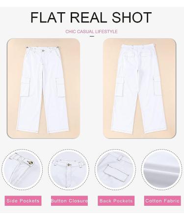 EVALESS Women's High Waisted Cargo Pants - Casual Loose Fit Straight Leg Trousers with Pockets - White - Buy Online on GoSupps.com