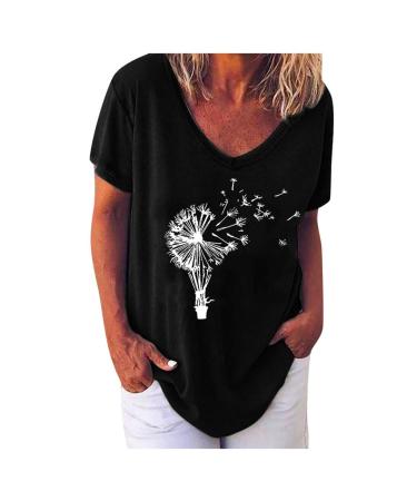 Ppanguding T-shirt women summer fashionable casual round short loose Pustblume Printed tops tops above shirt summer top shortage shirt s black