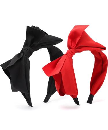 WantGor Bow Headbands for Women  2 Pieces Big Bowknot Hair Hoop Women Knotted Wide Turban Headbands Hair Band Bows Hair Accessories (Black Red)