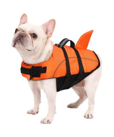 Vanansa Dog Life Jackets Adjustable Buoyancy Aid Lifejacket for Dogs Upgrade Lightweight Shark Design Swimming Floatation Vest for Pet(XL Orange) X-Large Shark Orange