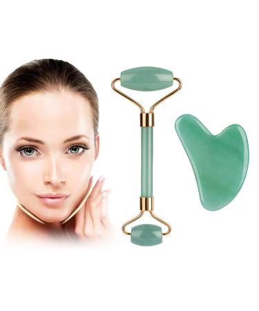 Jade Roller & Gua Sha Set Face Massager Roller Facial Beauty Skincare Massager Tool (Green)