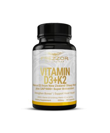 FREZZOR Vitamin D3 and K2 Caps High Potency D3 2000IU and K2 (MK7) 80mcg Unique Vit D3 from 100% New Zealand sheep's wool lanolin. Cardiovascular Support & Bone Health 60 Softgels 1 Month Supply
