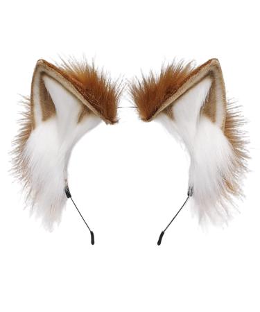 ZFKJERS Handmade Fur Fox Cat Ears Headband Fursuit Headwear Cosplay Costume Party Accessories (Khaki White)