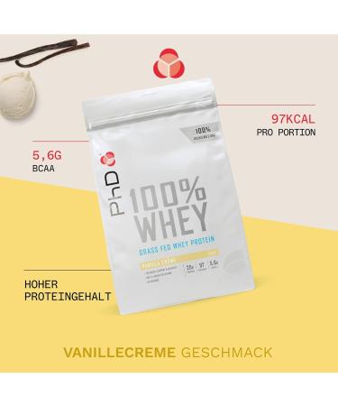 PhD Nutrition 100% Whey Protein Powder - Premium Grass-Fed 20g Protein & 5.6g BCAAs Vegetarian Muscle Support 1kg Vanilla Cream - 40 Servings - Buy Online on GoSupps.com