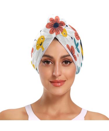 Lovely Bees Flowers Hair Towel 2 Pack Super Absorbent Hair Drying Towel Quick Dry Hair Turbans Head Towel with Button Twisty Wrap for Women Girls