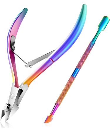 Easkep Cuticle Trimmer with Cuticle Pusher, Cuticle Remover Professional Stainless Steel Cuticle Cutter Nippers Rainbow Sharp Durable Pedicure Manicure Tools for Fingernails and Toenails