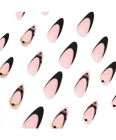 JUSTOTRY 24 Pcs Stiletto False Nails Short Black and Pink French Leopard Pattern with Nail Glue - Almond Stick on Nails for Women - Nail Art BL1 - Buy Online on GoSupps.com