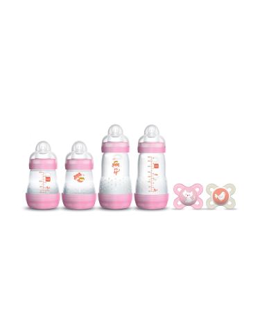 MAM Newborn Essentials "Feed & Soothe" Set (6-Piece), Easy Start Anti-Colic Baby Bottles (2 Count 5 oz Bottles, 2 Count 9 oz Bottles), 0-2 Month Pacifiers, Baby Shower Gifts for Baby Girl, Pink