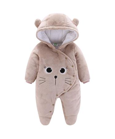 JiAmy Newborn Baby Winter Hooded Romper Fleece Snowsuit Jumpsuit Cartoon Cat Outfits 0-12 Months 3-6 Months Brown