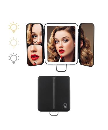 KDKD Travel Mirror Mini Trifold Lighted Makeup Mirror with 3 Colors Light Modes USB Rechargable Portable Ultra Thin Compact Vanity Mirror with Touch Screen Dimming for Cosmetic Black