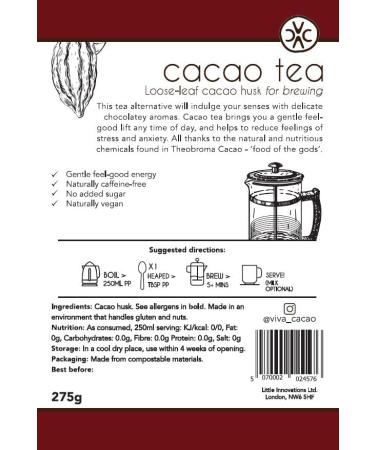Cacao Tea - 275g | Loose-leaf cacao husk for brewing | Tea alternative | Gentle Energy | No Caffeine | Low Calorie | No Sugar | Allergen FREE | Compostable Packaging | Ethically Sourced - Buy Online on GoSupps.com