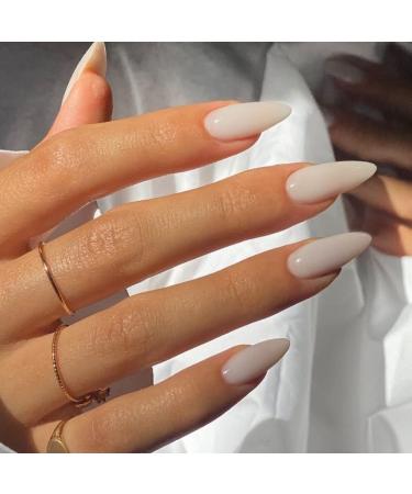 Milk White Press on Nails Almond KXAMELIE Fake Nails Medium Length Glue on Nails Almond Shape Nails Stick on Solid Colored Shinny Like Perfect Gel Salon Press ons for Daily Wear solid white