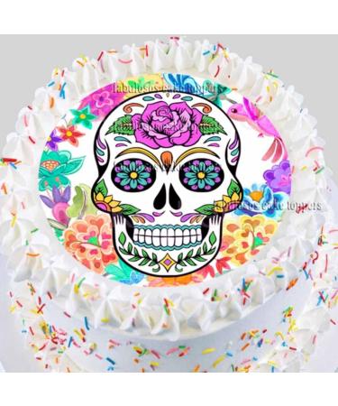 Skull Cake Topper - Edible Icing or Wafer paper - Mexican - Frieda - Day of The Dead - Flowers - 7.5" Round - Buy Online on GoSupps.com