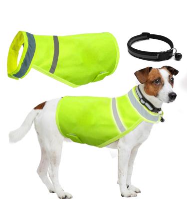 LOOPES Hi-Vis Dog Coat 2Pcs Dog Training Vest With Reflective Dog Collar Safety Reactive Dog Warning Jacket Vest From Cars&Hunting Accidents Nervous Dog Harness for Outdoor Activity Day&Night(L)