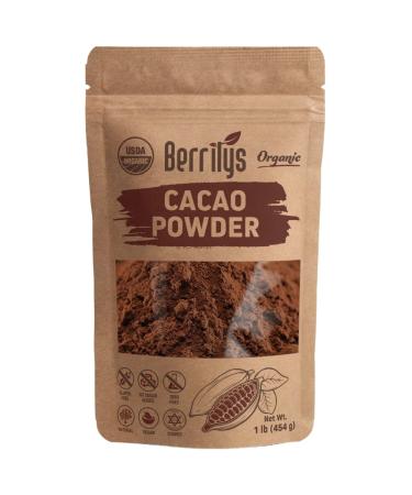 Berrilys Cacao Powder, 16 oz, Non-alkalized, USDA Certified Organic, Natural Cocoa, Super Foods