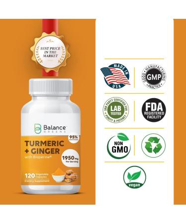 Turmeric Curcumin Ginger 1950mg with Black Pepper - 120 Vegan Capsules, Bioperine for Absorption - Inflammatory Support & Brain Health by Balance Breens - Buy Online on GoSupps.com