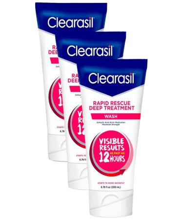 Clearasil Rapid Rescue Deep Treatment Acne Face Wash Maximum Strenght with 2% Salicylic Acid Acne Medication Acne Facial Cleanser 6.78 fl oz (Pack of 3)