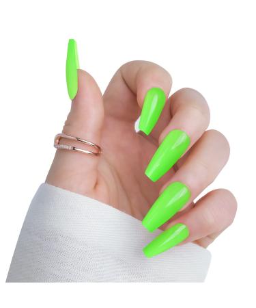 Green Press on Nails Long Square Solid  Glossy Acrylic Extra Long Fake Nails Natural 24pcs False Nails with Designs  Glue on Nails for Women Art Kit