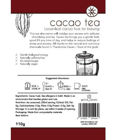 Cacao Tea - 110g | Loose-leaf cacao husk for brewing | Tea alternative | Gentle Energy | No Caffeine | Low Calorie| No Sugar| Allergen FREE | Compostable Packaging| Ethically Sourced - Buy Online on GoSupps.com