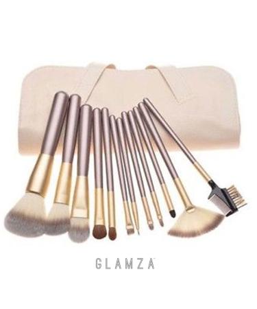 Glamza Pro 12pc Champagne Face Eye Brow Lip Contour MakeUp Brushes Set In White Pouch