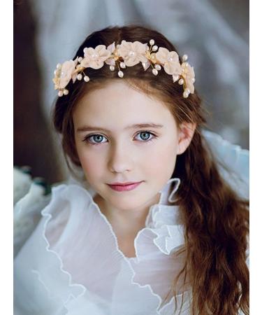 IYOU Princess Wedding Headband Gold Flower Headpiece Pearl Bridesmaid Bridal Communion Hair Accessories for Girls - Buy Online on GoSupps.com