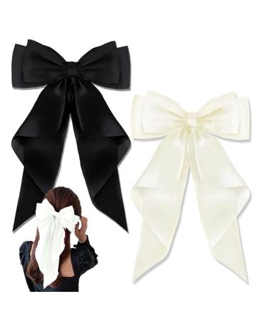 Large Satin Ribbon Bow Hairpins Black+White Bow Hair Clip 2PCS Black Hair Bow Big Hair Bows for Women & Girls Christmas Hair Bows Silky & Soft Black Bow Hair Clip French Hair Bows Hair Accessories