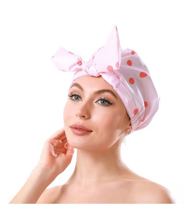 iSPECIAL Shower Cap for Women Long Hair Reusable, Adjustable Shower Caps & Luxury Waterproof Bathing Hair Cap for Women, Elegant Double Layer Shower Caps L Pink Dot