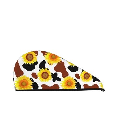 Hair Towel Wrap Hair Drying Towel with Button Towel Turban Head Towel to Dry Hair Quickly (Cow Print Sunflower)