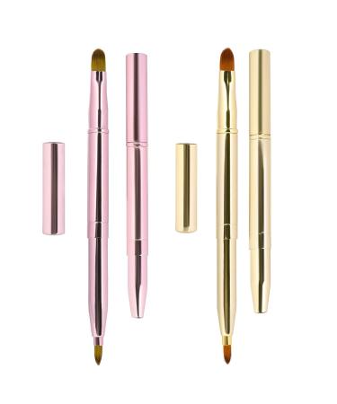 Pack of 2 Lip Brush for Lipstick Retractable Lip Brushes Lipstick Liner Brush Retractable with Cap Dual-ended Foundation Makeup Brush Tool For Women (Pink and Golden)