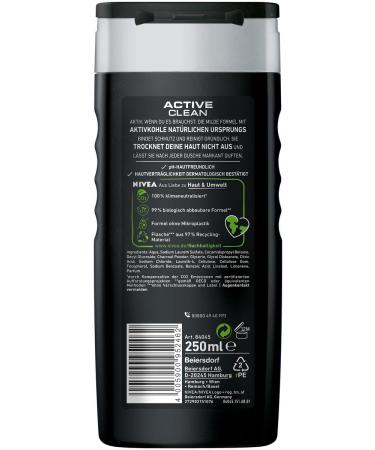 Nivea Men Active Clean Shower Gel 250ml | pH-Friendly Formula | Activated Carbon for Body Face & Hair | Masculine Fragrance | New Version - Buy Online on GoSupps.com