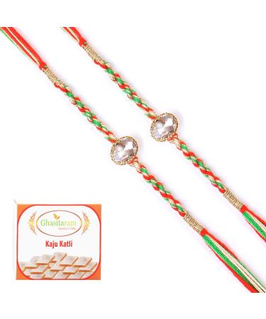Ghasitaram Gifts Rakhi for Brother Rakhis Online - Set of 2-6377 Fancy Thread Rakhis with 200 GMS of Kaju katli