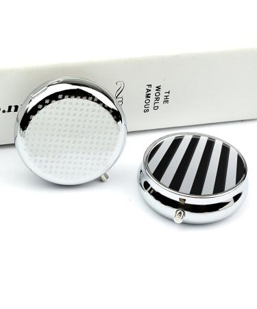 Round Black and White Stripes 3 Compartment Pill Box | Portable Metal Pill Organizer & Decorative Medicine Case - Buy Online on GoSupps.com