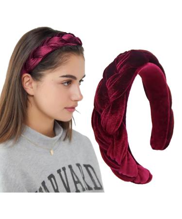 LEBENSWERT Headband Velvet Braided Headband Ladies Traditional Headband Wide Vintage Hairband Fashion Headbands for Women (Wine Red)