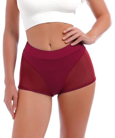 Women High Waist Mesh Tulle Spliced Yoga Shorts in Wine Red - Medium - Buy Online on GoSupps.com