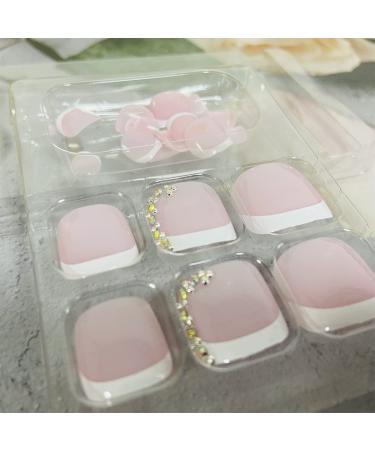 Pink French Tip Press on Toenails with Rhinestone Designs - 24Pcs Square Short False Toe Nails for Women - Acrylic Full Cover Stick on Nails - Summer Fake Toenails - Static Supplies - Buy Online on GoSupps.com