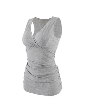 ZUMIY Maternity Nursing Top Pregnant Breastfeeding Shirt Women's Cotton V Neck Ruched Waist Double Layered Tank S Grey
